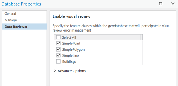 Database Properties dialog box with the Data Reviewer tab active and the Enable visual review settings Database Properties dialog box with the Data Reviewer tab active and the Enable visual review settings