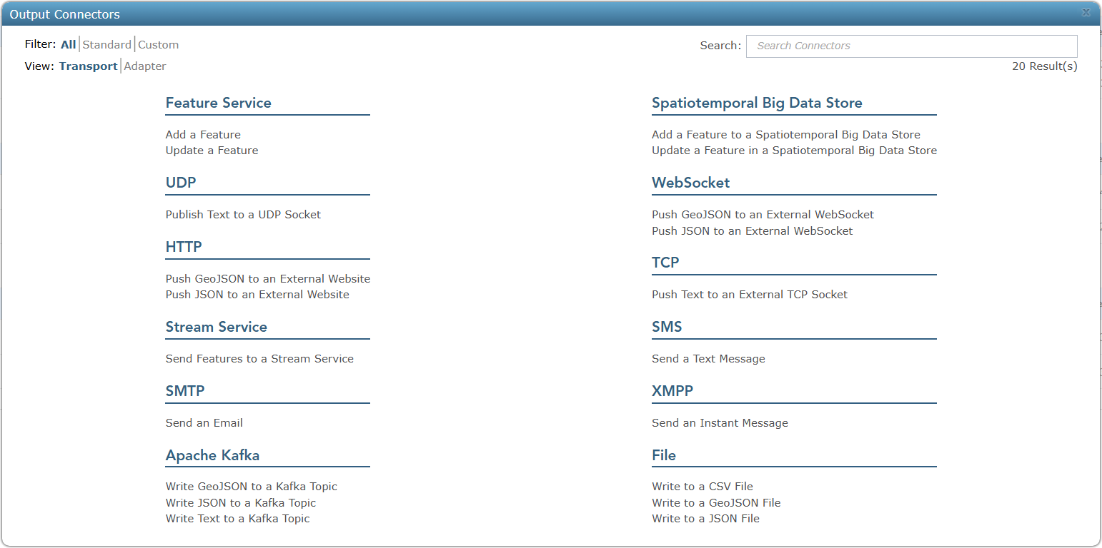 Example output connectors available in GeoEvent Server